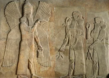 Frise, der afbilder en bevinget ånd, en sargon eller præst, der bærer en gazelle og en tilbeder, der bærer en valmuestængel, fra Palace of Sargon I, Khorsabad, Irak